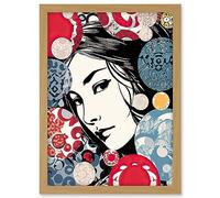 Artery8 Modern Woman Portrait Bubbles and Patterns Colourful Blue Red Pop Art Halftone Artwork Framed A3 Wall Art Print