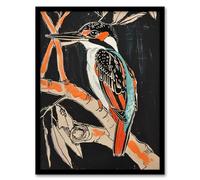 Artery8 Modernist Kingfisher Bird on Branch Black Orange Living Room Artwork Framed Wall Art Print A4