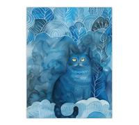 Artery8 Moggie Cat Lover Nocturnal Blue Dream Watercolour Living Room Large Wall Art Poster Print Thick Paper 18X24 Inch