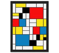 Artery8 Mondrian Abstract Cubes Squares Red Yellow Blue A4 Artwork Framed Wall Art Print in Black Artery8 Black