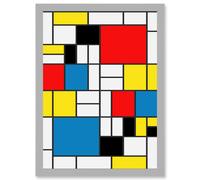 Artery8 Mondrian Abstract Cubes Squares Red Yellow Blue A4 Artwork Framed Wall Art Print in Light Grey Artery8 Light Grey