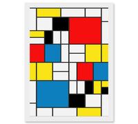 Artery8 Mondrian Abstract Cubes Squares Red Yellow Blue A4 Artwork Framed Wall Art Print in White Artery8 White
