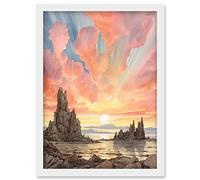 Mono Lake Atmospheric Clouds at Dawn Break Modern Watercolour Painting Artwork Framed Wall Art Print A4 Artery8 White One Size