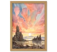 Artery8 Mono Lake Atmospheric Clouds at Dawn Break Modern Watercolour Painting Artwork Framed Wall Art Print A4 in Light Oak Artery8 Light Oak