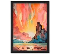 Artery8 Mono Lake Atmospheric Pink Sky Sunset Clouds Vibrant Lakescape Modern Watercolour Painting Artwork Framed Wall Art Print A4