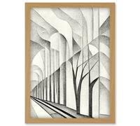 Artery8 Monochrome Cubism Tree Tunnel Path Perspective Illustration Artwork Framed Wall Art Print A4 in Light Oak Artery8 Light Oak