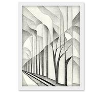 Artery8 Monochrome Cubism Tree Tunnel Path Perspective Illustration Artwork Framed Wall Art Print A4 in White Artery8 White