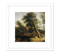 Artery8 Monogrammist IVS Landscape With Hunter 8X8 Inch Square Wooden Framed Wall Art Print Picture with Mount in White Artery8 White