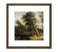 Artery8 Monogrammist IVS Landscape With Hunter 8X8 Inch Square Wooden Framed Wall Art Print Picture with Mount in Brown Artery8 Brown