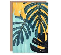 Artery8 Greeting Card Monstera Deliciosa Leaves Teal Yellow Painting Blank For Him Or Her Art Birthday Card