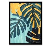 Artery8 Monstera Deliciosa Leaves Teal Yellow Painting Living Room Artwork Framed Wall Art Print A4