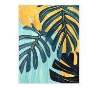 Artery8 Monstera Deliciosa Leaves Teal Yellow Painting Living Room Extra Large XL Wall Art Poster Print