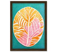 Artery8 Monstera Leaf Linocut In Pastel Pink Orange On Teal Artwork Framed Wall Art Print A4 in Brown Artery8 Brown