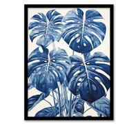 Wall Art Print Monstera Plant Leaves Detailed Blue Pencil Drawing Framed Artery8 Blue A4