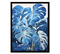 Artery8 Monstera Plant Leaves in Blue Watercolour Painting Artwork Framed Wall Art Print A4