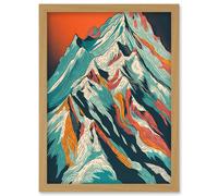 Mont Blanc Mountain Peak Linocut Illustration Artwork Framed Wall Art Print A4 Artery8 Light Oak One Size
