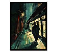 Artery8 Moody Stroll in Alleyway Painting Dark Film Noir Framed Art Print in Black | Size: W12" x H16" Artery8 Black W12" x H16"