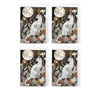 Artery8 Moonlit Cat Botanical Floral Nature Moon Pack of 4 Greeting Cards in White | Size: 4 Pack Artery8 White 4 Pack