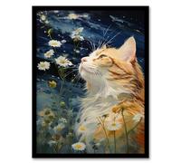 Artery8 Moonlit Cat In Daisy Meadow Norwegian Forest Cat Oil Painting Artwork Framed Wall Art Print A4