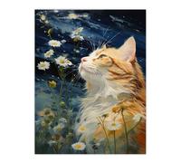 Artery8 Moonlit Cat In Daisy Meadow Norwegian Forest Cat Oil Painting Unframed Wall Art Print Poster Home Decor Premium | Size: W12" x H16" Artery8 Multicolor W12" x H16"