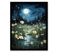 Artery8 Moonlit Dancing Fireflies By Buttercup Brook Artwork Full Moon Night Moonlight Art Print Framed Poster Wall Decor in Black | Size: W12" x H16" Artery8 Black W12" x H16"