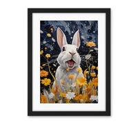 Artery8 Moonlit White Rabbit Oil Painting Playing with Yellow Spring Flowers Mischief at Night Kids Bedroom Artwork Framed Wall Art Print 18X24 Inch