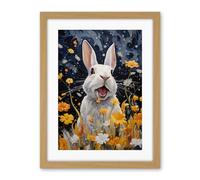 Artery8 Moonlit White Rabbit Oil Painting Playing with Yellow Spring Flowers Mischief at Night Kids Bedroom Artwork Framed Wall Art Print 18X24 Inch