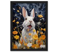 Artery8 Moonlit White Rabbit Oil Painting Playing with Yellow Spring Flowers Mischief at Night Kids Bedroom Artwork Framed Wall Art Print A4