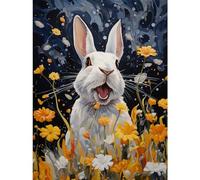 Artery8 Moonlit White Rabbit Oil Painting Playing with Yellow Spring Flowers Mischief at Night Kids Bedroom Artwork Large Wall Art Poster Print Thick Paper 18X24 Inch