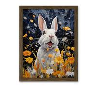 Artery8 Moonlit White Rabbit Oil Painting Playing with Yellow Spring Flowers Mischief at Night Kids Bedroom Artwork Framed Wall Art Print 18X24 Inch