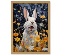 Artery8 Moonlit White Rabbit Oil Painting Playing with Yellow Spring Flowers Mischief at Night Kids Bedroom Artwork Framed A3 Wall Art Print