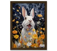 Artery8 Moonlit White Rabbit Oil Painting Playing with Yellow Spring Flowers Mischief at Night Kids Bedroom Artwork Framed A3 Wall Art Print