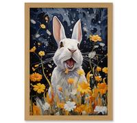 Wall Art Print Moonlit White Rabbit Oil Painting Playing with Yellow Spring Flowers Mischief at Night Kids Bedroom Artwork Framed A4 Artery8 Light Oak A4