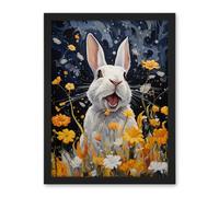 Artery8 Moonlit White Rabbit Oil Painting Playing with Yellow Spring Flowers Mischief at Night Kids Bedroom Artwork Framed Wall Art Print 18X24 Inch