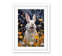 Artery8 Moonlit White Rabbit Oil Painting Playing with Yellow Spring Flowers Mischief at Night Kids Bedroom Artwork Framed Wall Art Print 18X24 Inch