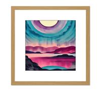 Artery8 Moonrise After Sunset Landscape In Pink Teal Blue & Purple Watercolour Illustration Square Wooden Framed Wall Art Print Picture 8X8 Inch Artery8 Light Oak
