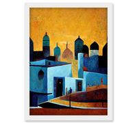Moroccan African Cityscape Modern Blue Yellow Artwork Framed Wall Art Print A4 Artery8 White One Size