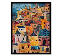Artery8 Moroccan Cityscape Artwork Colourful Exotic Ochre Living Room Art Print Framed Poster Wall Decor 12x16 inch