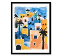 Artery8 Morocco African Cityscape Blue Orange Watercolour Living Room Artwork Framed Wall Art Print A4