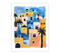 Morocco African Cityscape Blue Orange Watercolour Wall Art Print Artery8 Multi W24 inch x H32 inch