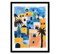 Morocco African Cityscape Blue Orange Watercolour Framed Art Print Artery8 Multi A4