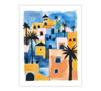 Artery8 Morocco African Cityscape Blue Orange Watercolour Wall Art Print | Size: W12" x H16" Artery8 Multicolor W12" x H16"
