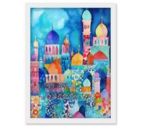 Artery8 Morocco Cityscape Moonlight Folk Art Artwork Framed Wall Art Print A4 in White Artery8 White