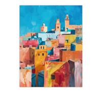 Artery8 Morocco Cityscape Oil Painting Blue Sky Buildings Wall Art Print | Size: W12" x H16" Artery8 Blue W12" x H16"