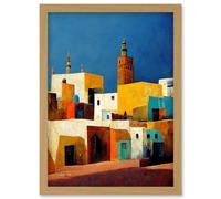 Artery8 Morocco Skyline Cityscape Modern Artwork Framed Wall Art Print A4 in Light Oak Artery8 Light Oak