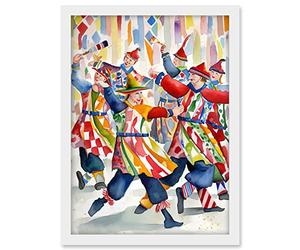 Artery8 Morris Dancers Dancing Folk Art Watercolour Painting Artwork Framed A3 Wall Art Print