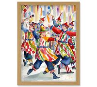 Artery8 Morris Dancers Dancing Folk Art Watercolour Painting Artwork Framed Wall Art Print A4