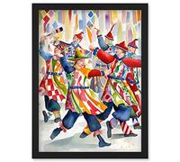Artery8 Morris Dancers Dancing Folk Art Watercolour Painting Artwork Framed Wall Art Print A4