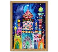 Artery8 Mosque At Midnight Folk Art Artwork Framed Wall Art Print A4 in Light Oak Artery8 Light Oak