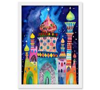 Artery8 Mosque At Midnight Folk Art Artwork Framed Wall Art Print A4 in White Artery8 White